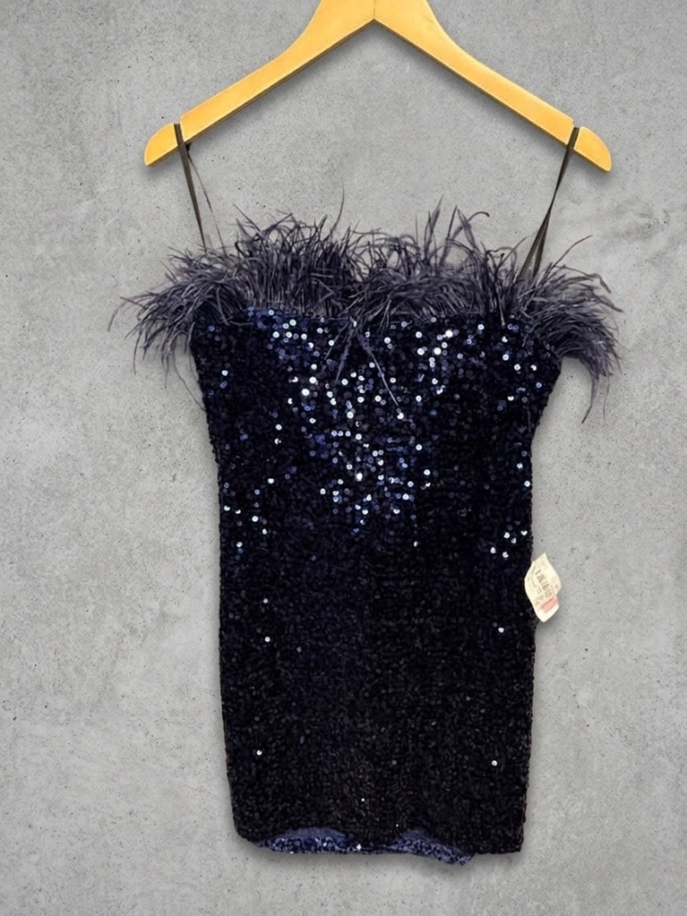 B Darlin Navy Blue Sequined Feather Trim Cocktail Party Dress Junior's NWT Sz 15